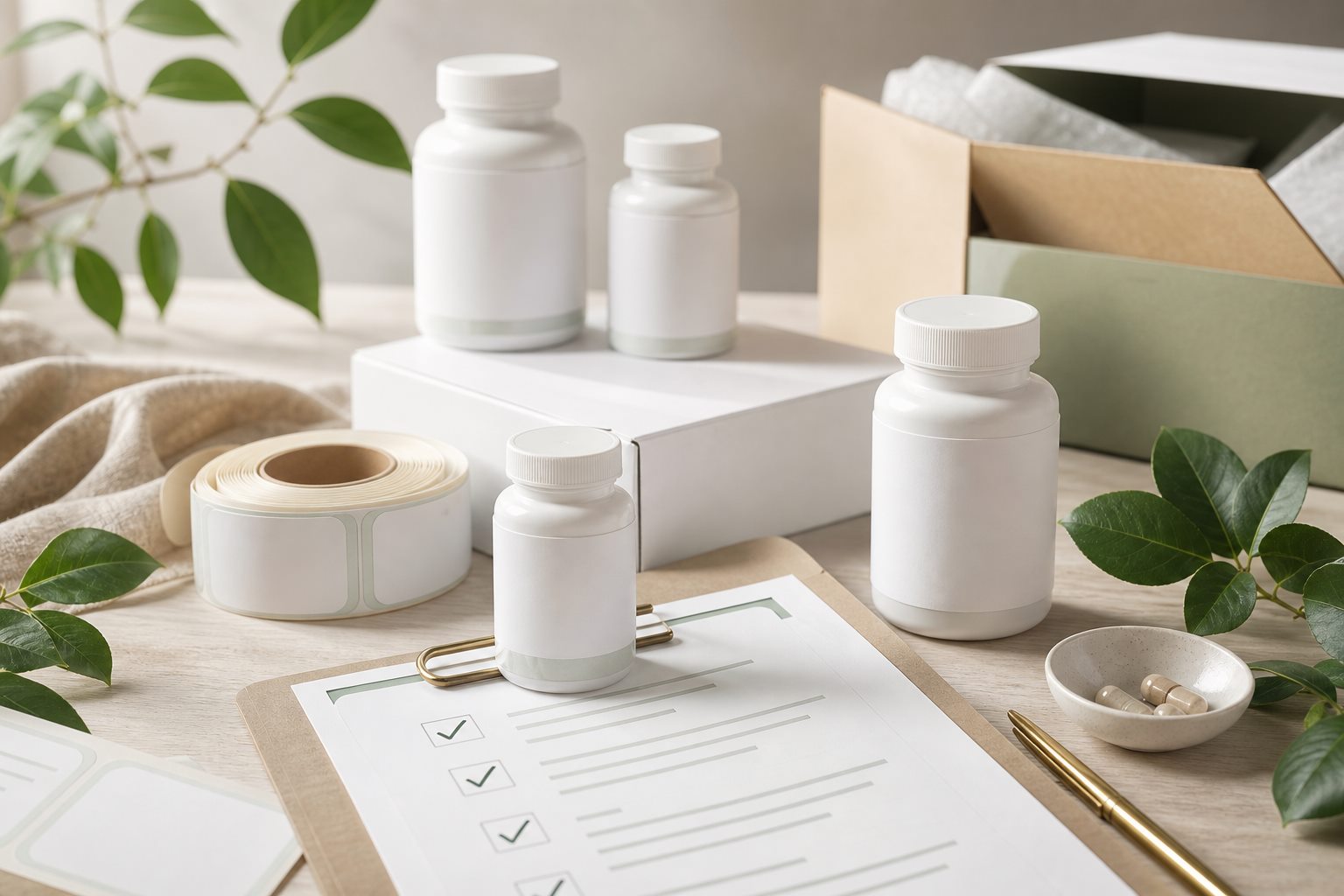 Clean supplement brand packaging preparation with bottles, labels, and a quality checklist