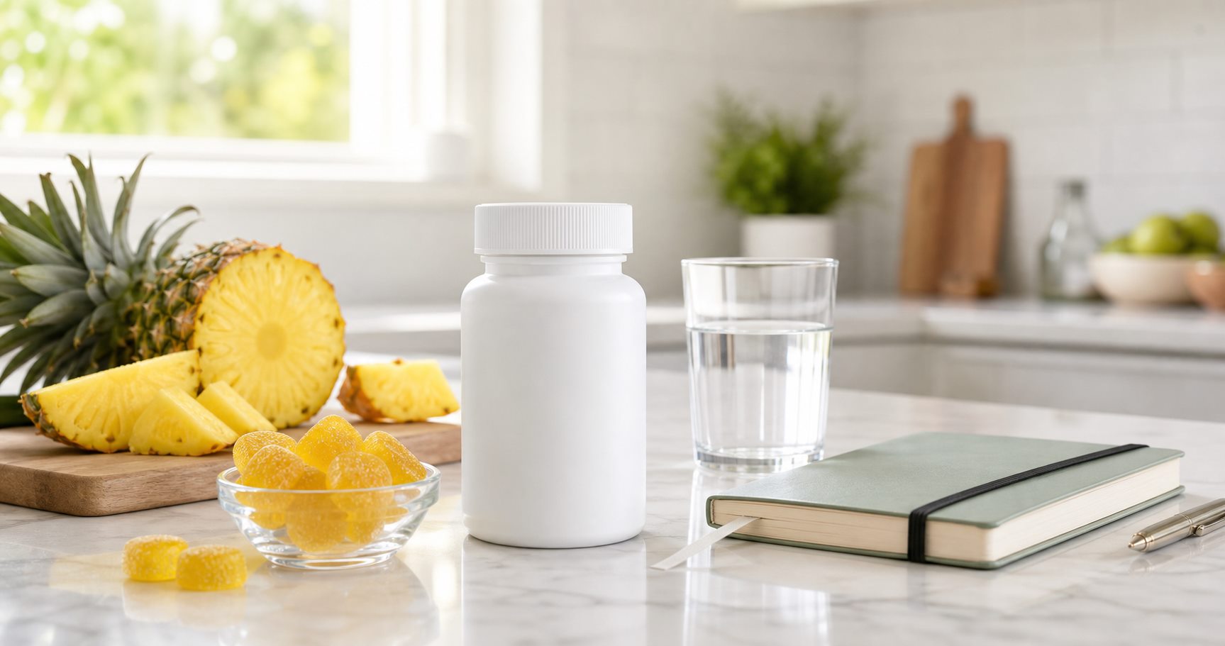 A calm daily wellness setup with gummies, pineapple, water, and a supplement bottle